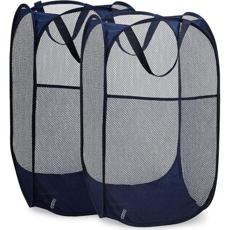 Panier à linge pliable en filet avec large ouverture et poches latérales : respirant, robuste, peu encombrant et pratique pour ranger les vêtements. (Bleu, lot de 2) (1/4)
