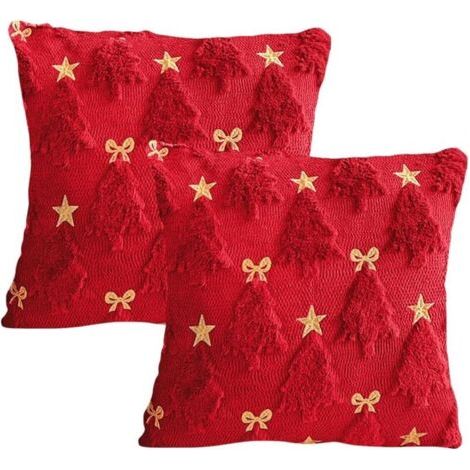 Pair Housse de coussin brodée avec motif papillon et étoile à cinq branches, Taie d'oreiller en peluche douce motif sapin de Noël pour salon, chambre à coucher nœud, rouge 45×45CM