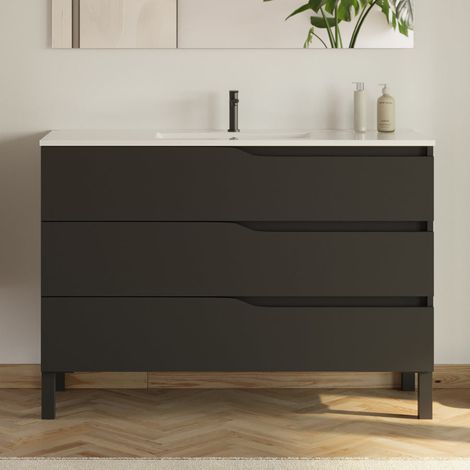 Meuble sous vasque seul, 3 tiroirs, 120cm, pour simple vasque - noir - MATA
