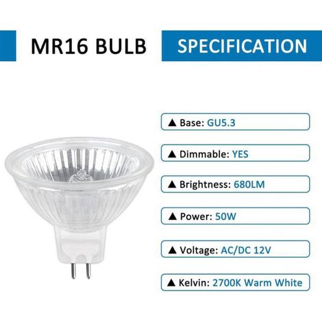 Ampoule Halogene GU5.3 50W 12V, 800lm Blanc Chaud 2700K Dimmable, Ampoule Spot Halogène MR16, pack de 6 (1/4)