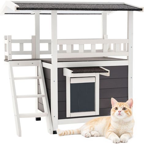 VEVOR Katzenhaus Outdoor, 2-stöckiger Katzenunterstand aus Holz mit Treppe & Balkon, erhöhte Katzenhütte, geräumiger Raum, für Haus- & Freigängerkatzen im Winter, 762x563x774 mm (1/5)