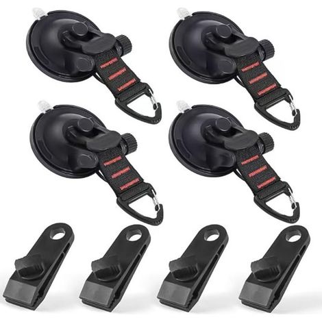 Lot de 4 crochets à ventouse avec poulie de verrouillage ou clip pour voiture, camping, auvent, tente, extérieur - 16 cm - Sangle en nylon - Plastique robuste - B (clip) (1/3)