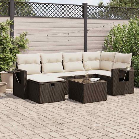 Ensemble Salon Jardin Modulaire 7 Pièces en Résine Tressée Marron avec Coussins Blanc Crème, Stockage Intégré et Table (Pack 2 Canapés, 3 Sièges, 1 Pouf, 1 Table) (1/5)