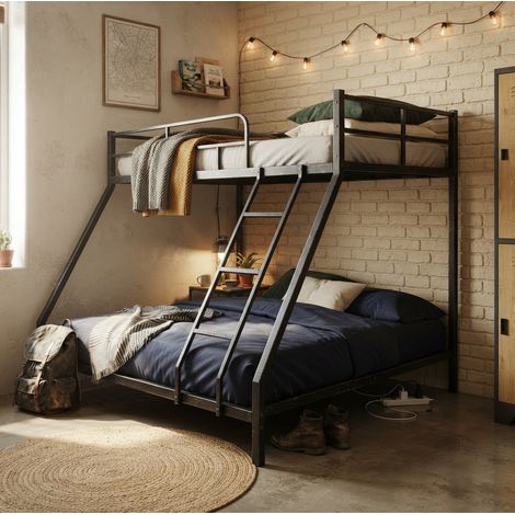 Metallbett 200x140x137 cm schwarz aus Metall mit Leiter, Schutzgeländer und zwei Schlafplätzen (1/5)