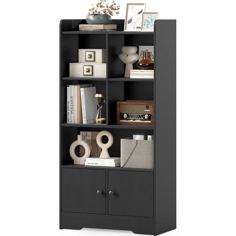 COSTWAY Bookshelf Freestanding Bookcase with Doors & 2 Storage Cabinets-Black (1/5)
