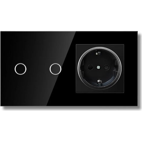 Interrupteur tactile et prise, cadre en verre trempé, 2 ans, LED, noir (1/5)