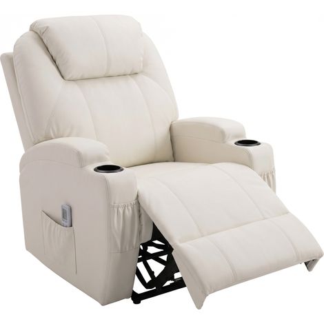 Fauteuil luxe relaxation massage inclinaison dossier repose-pied électrique, revêtement synthétique crème (1/5)