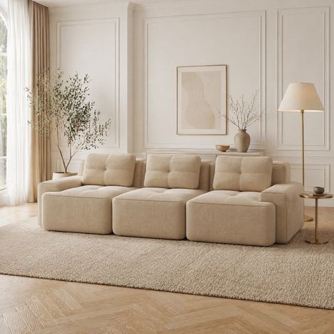 Divano modulare 293/104/69 cm in velluto a coste beige, design boneless con seduta profonda (1/5)