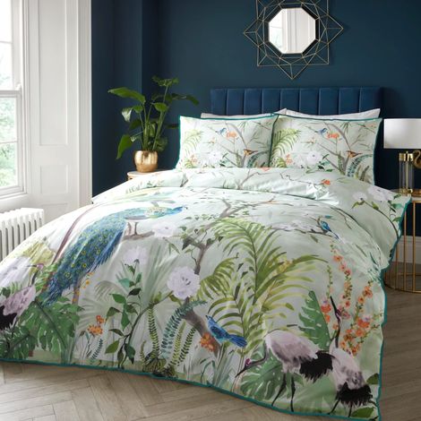 Housse de Couette Paon Jungle - 200 x 200 cm - 2 Taies d'oreiller - Bord Passepoil - Parure de Couette en Satin de Coton Animaux Tropicaux - Literie Verte avec Oiseaux (1/5)