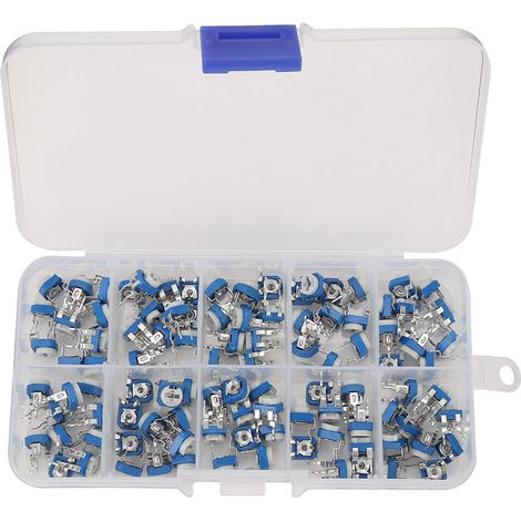 100Pcs 10 Valeurs Résistance Variable Bleu Blanc Trimmer Potentiomètre RM065 Composants Électroniques avec Boîte (1/5)