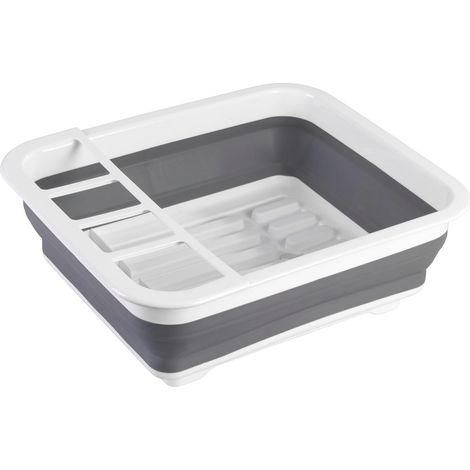 Egouttoir vaisselle pliable, égouttoir à vaisselle plastique, porte-couverts et support assiettes, plastique, 36,5x13x31 cm, blanc - gris (1/5)