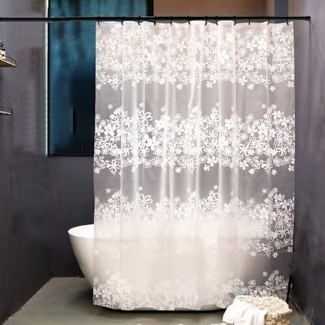 Waterproof, mildew-resistant shower curtain with floral pattern, 180 x 200 cm, 180 cm wide, washable white shower curtain with floral pattern, bathroom shower curtain with eyelet hooks