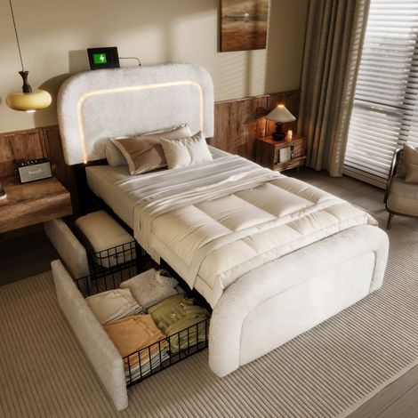 Lit simple 90x200 cadre rembourré, chargeur USB-C, éclairage LED, 2 tiroirs, tête réglable, sommier lattes - Sherpa Blanc (sans matelas) (1/5)