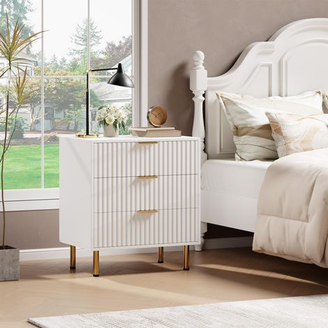 Commode moderne grand capacité 3 tiroirs bois rainuré – Rangement élégant poignées dorées pour chambre, salon, entrée ou chambre d'enfant – Coloris blanc (1/5)