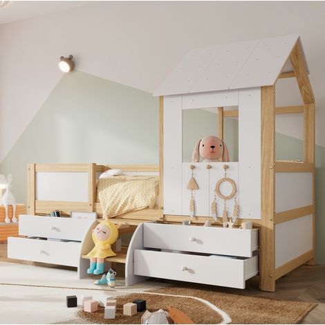 Letto bambino a mezza altezza 90x200 cm con 4 cassetti, scala e tetto bianco naturale HAVRYA (1/5)