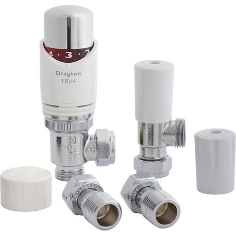 Drayton TRV4 Angled Thermostatic Radiator Valve and Lockshield - 15mm - White/Chrome