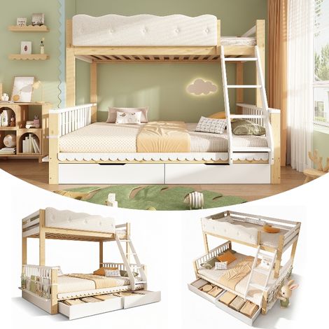 Etagenbett für Kinder und Erwachsene mit Schubladen, Familienbett 90x200 und 140x200 cm aus Holz, Stockbett mit Zeitschriftenständer, Weiß & Eiche (1/5)