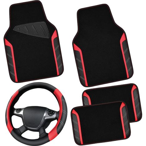 Waterproof Leather Steering Wheel Cover and Floor Mats, Universal for 95% of Cars Trucks, SUVs, 36.8 to 38 cm, Sporty Design Non-Slip and Comfortable (Black and Red) (1/5)