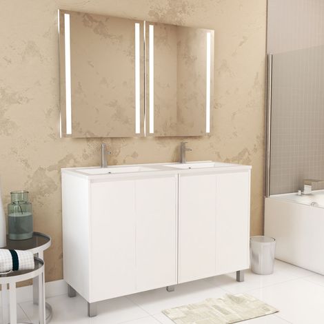 Mobile Bagno 120cm Laccato Bianco 4 Ante, Lavabo, 2 Specchi 60x80 con luce Led integrata - XENOS