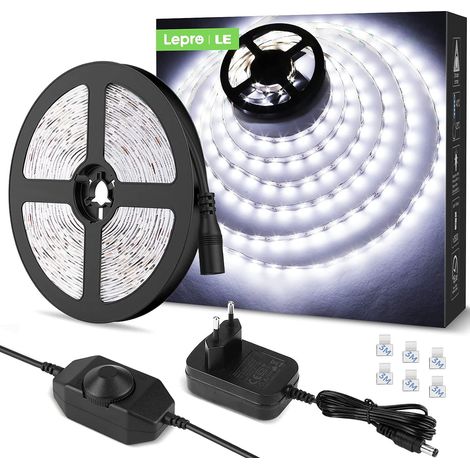 m LED-Streifen, 1200 lm, Kaltweiß, dimmbar, 12 V, 6000 K, 300 LEDs, Typ 2835, selbstklebend, mit Dimmer, Verbindern und Transformator, für die Innenbeleuchtung von Möbeln, Treppen, Schlafzimmer und Kü (1/4)