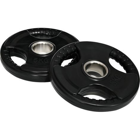 Ensemble de 2 disques de musculation Tri-Grip en caoutchouc, 5 kg chacun, diamètre 5 cm, avec trois poignées, adaptés aux sols plats, pour entraînement de force (1/5)