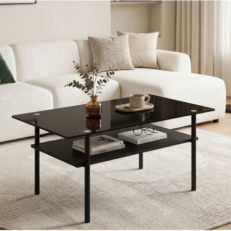 Table basse rectangulaire 2 niveaux avec plateau en verre noir, étagère MDF, structure en métal noir (1/5)