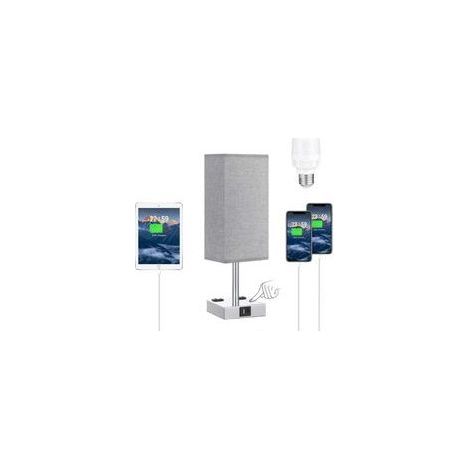 (Ampoule Incluse) Lampe de Chevet Tactile avec Ports de Charge USB C+A, Intensité Variable à 3 Voies, Abat jour en Tissu Gris Base de Métal, Lampe de Table pour Chambre Salon (1/5)