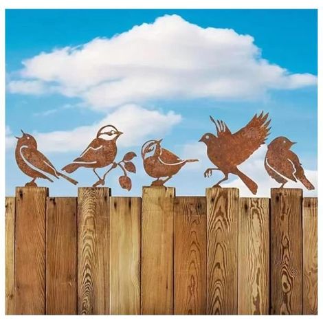 5 oiseaux décoratifs en fer, couleur rouille, design unique, résistants aux intempéries, pour jardin et terrasse (1/4)