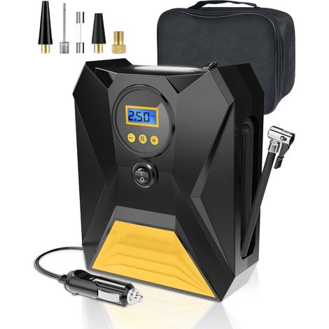 Gonfiatore portatile per pneumatici per auto con display digitale, compressore d'aria da 12 V, funzione di memoria, spegnimento automatico, luce LED, 3 ugelli per auto, bicicletta, moto, pallone (gial