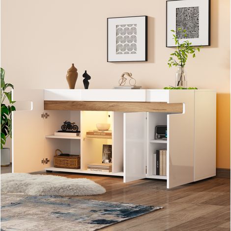 Madia a 3 ante con LED, ripiano in vetro, 140x40x70 cm, bianco e legno naturale HAVRYA (1/5)