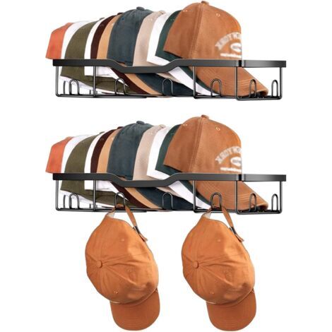 BUNTHAUS Porte Casquette Mural en Métal – Lot de 2 Supports Muraux pour 20 Casquettes – Rangement Casquettes Mur, Organisateur de Chapeaux et Snapbacks – Étagère Murale en Métal Noir (1/5)