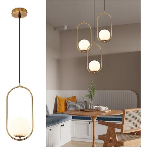 ALPINALUZ  Lámpara colgante moderna de 1 luz, estilo mid-century, dorada con pantalla de vidrio esmerilado blanco, para interiores, base E27. (1/5)