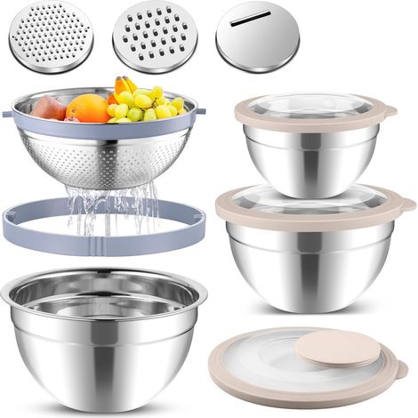Lot de 4 bols mélangeurs et passoires avec couvercle transparent (kaki) (1/5)