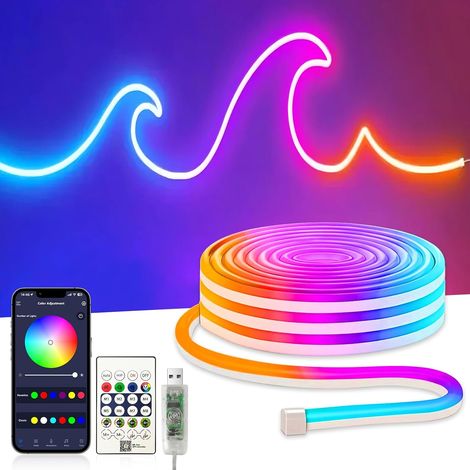 Neon Rubans LED 2M, Bandes LED RGBIC, Contrôle Intelligent par App, Flexible Étanche Découpable, Synchronisation Musique, Lmières LED DIY pour Chambre, Cuisine, Fête, Salon (1/5)