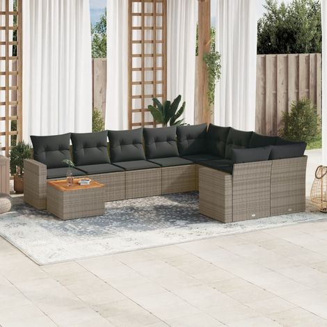 Salon de jardin modulable 10 pcs en résine tressée gris avec meuble bas en acacia et coussins, 80.09kg - PANGIVO (1/3)