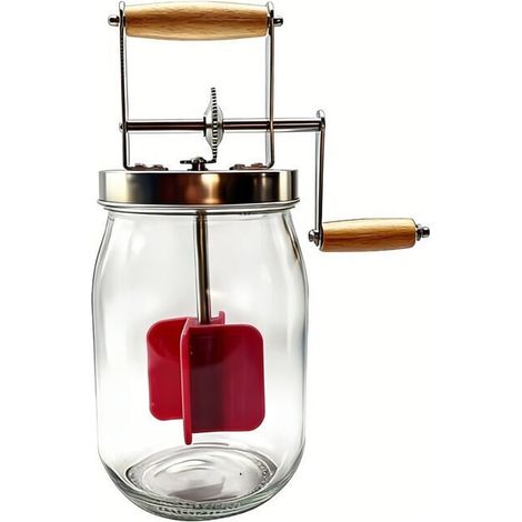 Baratte en verre à manivelle de 1,5 L avec poignée en bois et engrenages en acier inoxydable. Idéale pour la fabrication de beurre, de beurre aux herbes et de beurre à l'ail (version améliorée). (1/4)