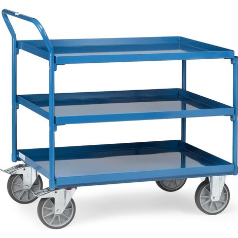 fetra Tischwagen, 3 Stahlblechwannen, Ladefläche 1000 x 700 mm, Schiebegriff hochstehend (1/2)