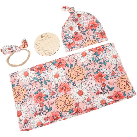 Ensemble de 4 pièces pour bébé : couverture à imprimé floral et bandeau, respirant, doux, type 3 (1/5)