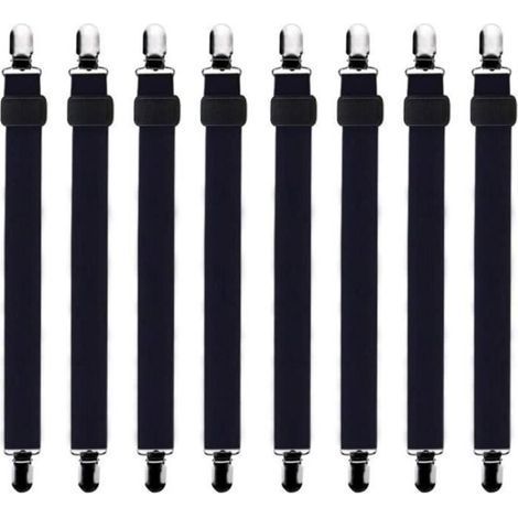 Set di 8 cinghie regolabili per lenzuola (da 30 cm a 120 cm), adatte a tutti i letti e materassi, colore nero. (1/2)