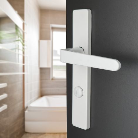 Ouvre&Déco – 2 poignées universelles DUALFIT sur plaque carrée CELIO verrou condamnation, Aluminium laqué blanc mat bi-entraxe 165-195