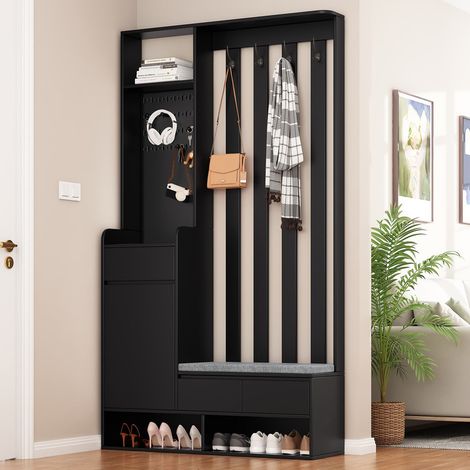 Ensemble vestiaire avec banquette de rangement rembourrée, meuble d'entrée multifonctionnel – Rangement chaussures et panneau perforé, 4 crochets – Pour couloir et buanderie – 100 × 35 × 180 cm