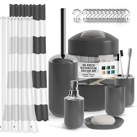 Ensemble d'accessoires de Salle de Bain Gris avec Rideau de Douche et Tapis, 20 pièces, Rideau de Douche avec Doublure, Distributeur de Savon, Porte-Savon, Porte-Brosse WC et Poubelle (1/5)