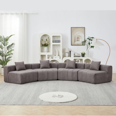 Sofá modular curvo, diseño tipo teclas de piano, con 2 cojines, sin montaje, chenille gris (1/5)