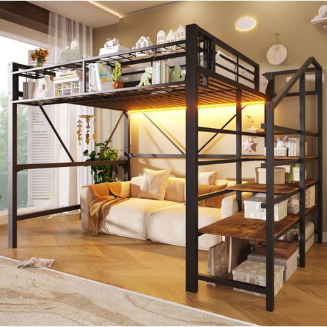 Cama alta metálica 140 x 200 cm negra con estantería de escalera, cesta de almacenamiento y tira LED (1/5)
