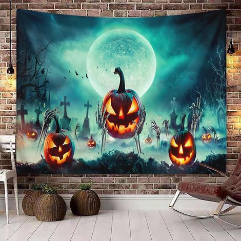tapisseries Halloween Orange Citrouille Pleine Lune Chteau Hant Croquis Image Art Impression Tissu Tenture Murale Tapisserie Art Dcors Pour La Mai (1/4)
