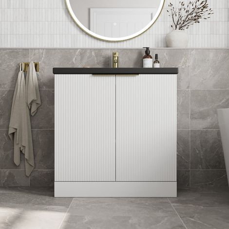 Fluted 800mm Bathroom Vanity Unit Basin Floorstanding Cupboard Soft Close White (1/5)