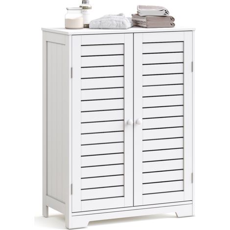 Bathroom Floor Cabinet with 2 Louver Doors and 2 Adjustable Shelves, Freestanding Storage Unit for Bathroom Kitchen Bedroom Hallway, 59x30x85 cm, White, Mondeer (1/5)