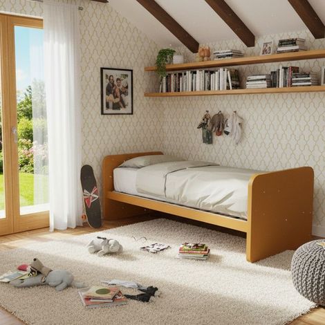 Letto singolo cameretta 80x190 con rete a doghe in acciaio e faggio - Zolfo (1/5)