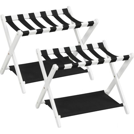 Rangement pratique, lot de 2 porte-valises pliants en bois d'hévéa avec 2 étagères en nylon, pour valises 61 à 71 cm (1/5)