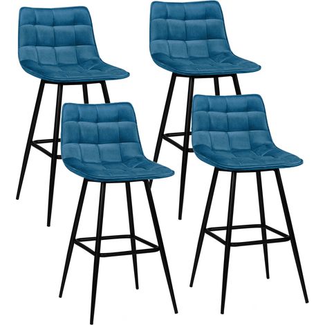 Idmarket – Lot de 4 tabourets de bar en velours bleu – Hauteur d'assise 65 cm – Pieds en métal noir mat – Design moderne et cosy